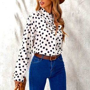 Polka Dot Tie Neck Pocket Front Blouse